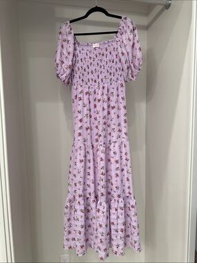 Pink Lily small lavender with floral design maxi dress.  Like new